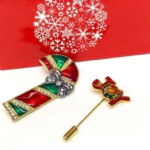 Christmas brooches Joy stick pin and enamel rhinestone candy cane red and green